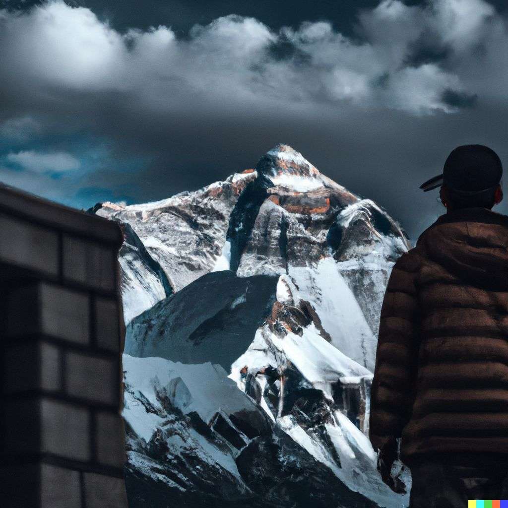 someone gazing at Mount Everest, photograph, taken from a low angle